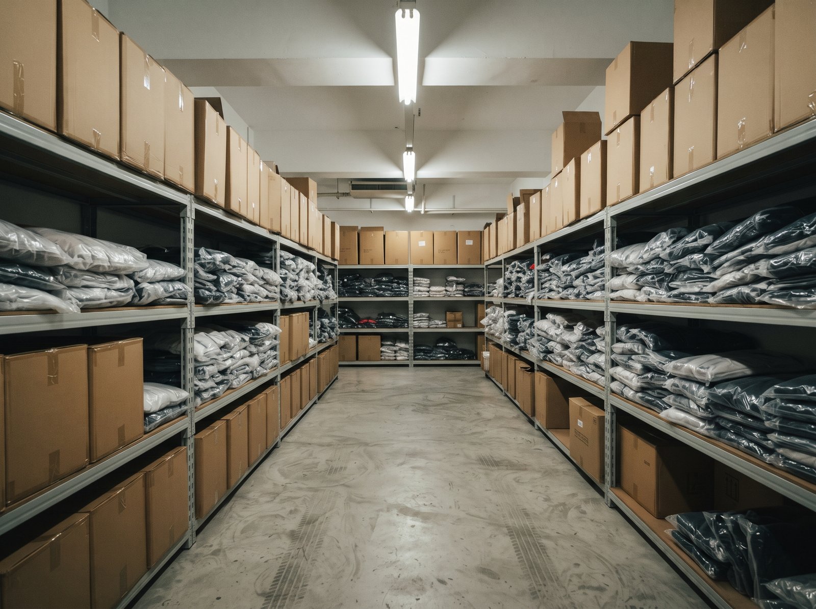 Store room with sorted stock cartons